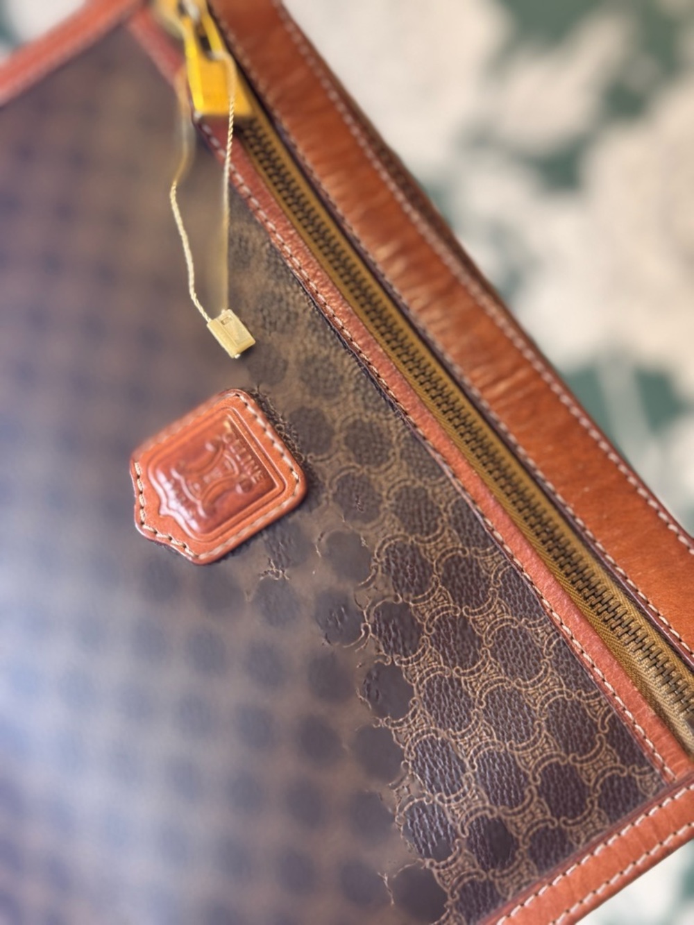 Celine Authentic Brown Patterned Wristlet with Tan Leather Trim EUC - Picture 2 of 12